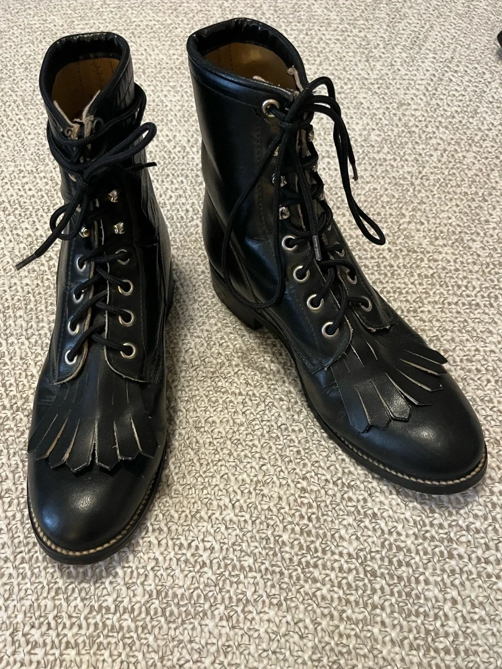 Justin Junior Black Leather Lace-Up Ankle Fringe Roper Boots Sz 4.5